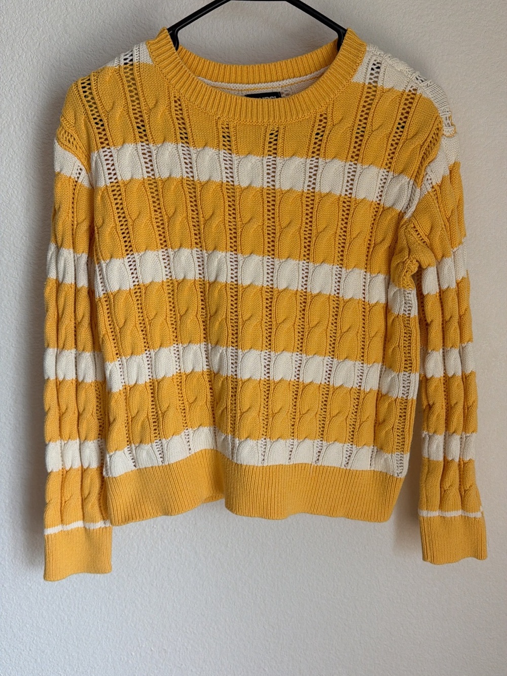 Lands' End Yellow & White Striped Classic Drifter Cable Crewneck Sweater - Small